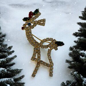Reindeer Brooch Pin Vintage Prong Set Rhinestone Gold Tone Rudolph Christmas